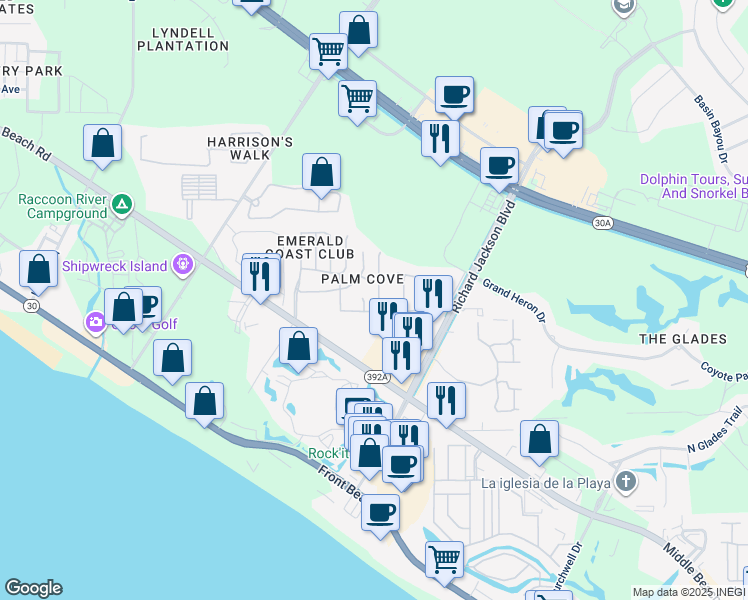 map of restaurants, bars, coffee shops, grocery stores, and more near 109 Seagrass Way in Panama City Beach
