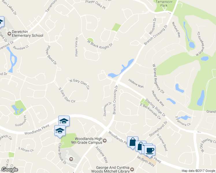 map of restaurants, bars, coffee shops, grocery stores, and more near 19 Serenade Pines Place in Spring