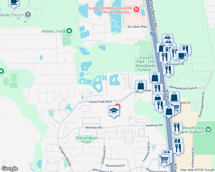 map of restaurants, bars, coffee shops, grocery stores, and more near 18121 Atkinson Lane in Conroe