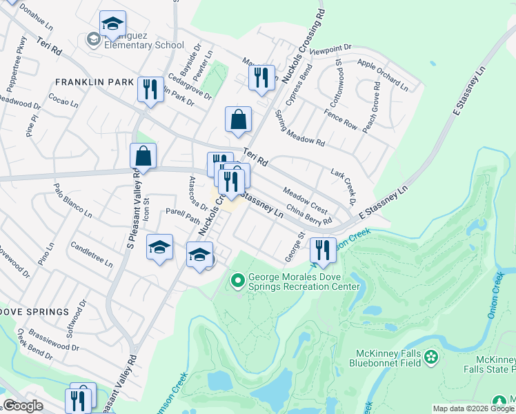 map of restaurants, bars, coffee shops, grocery stores, and more near 5408 Mesquite Grove Road in Austin