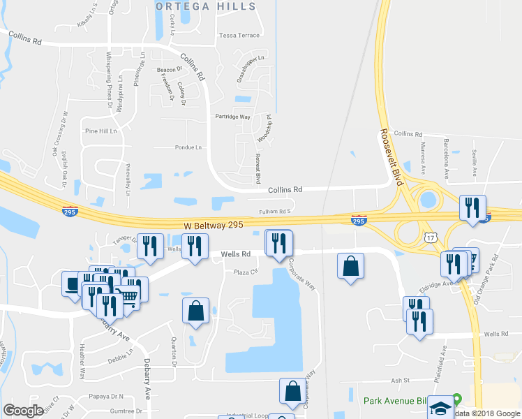 map of restaurants, bars, coffee shops, grocery stores, and more near 5064 Knightsbridge Circle North in Jacksonville