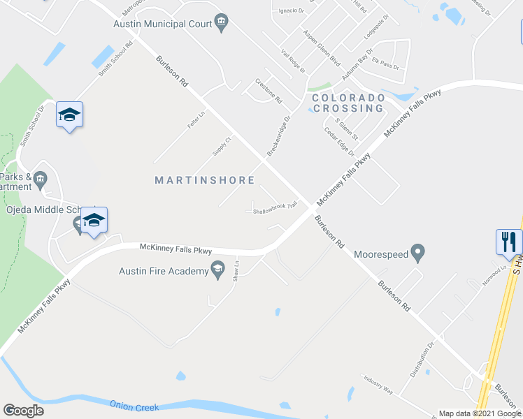 map of restaurants, bars, coffee shops, grocery stores, and more near 4303a Shallowbrook Trail in Austin