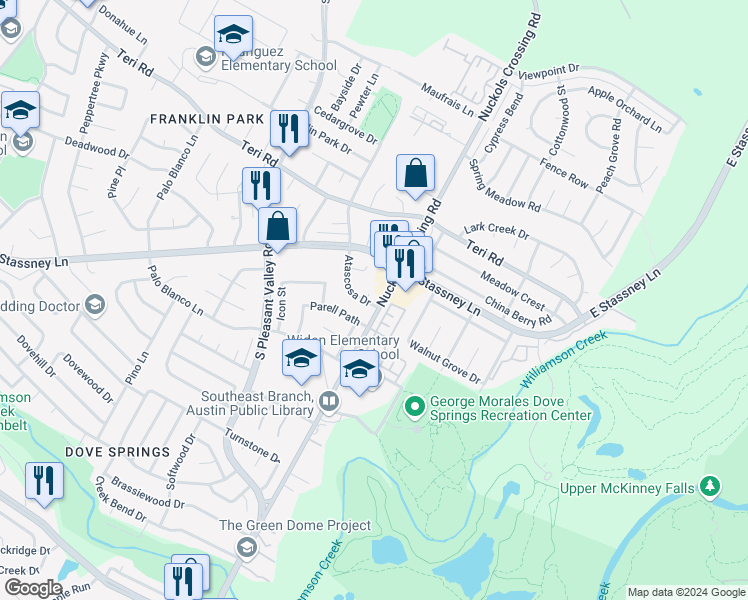 map of restaurants, bars, coffee shops, grocery stores, and more near 5405 Agua Caliente Cove in Austin
