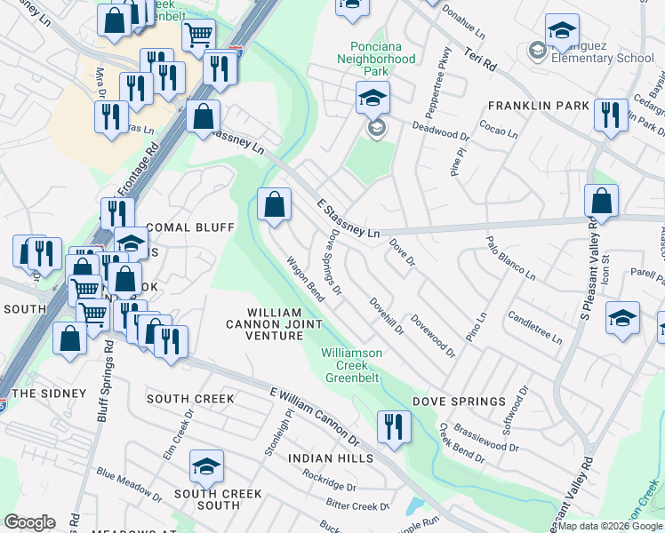 map of restaurants, bars, coffee shops, grocery stores, and more near 2206 Dovehill Drive in Austin