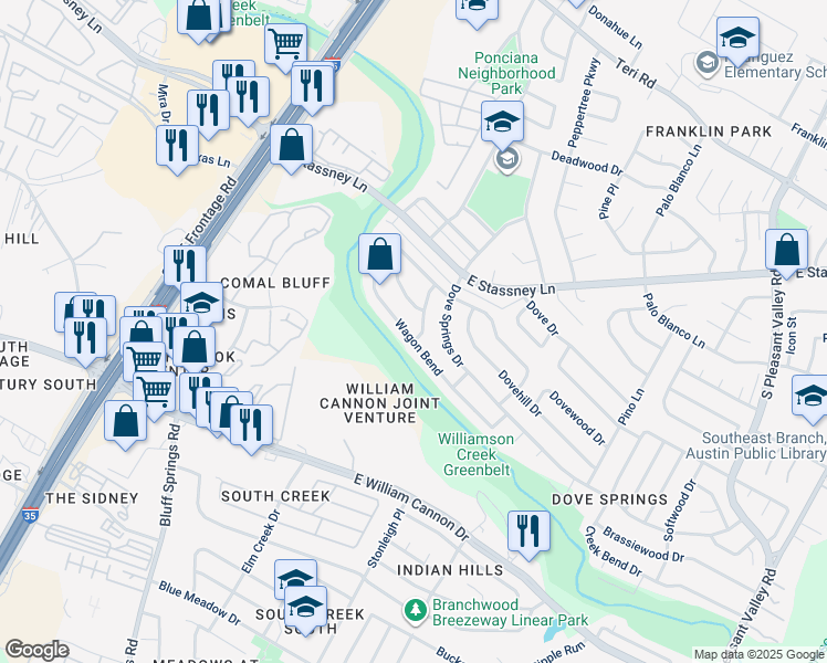 map of restaurants, bars, coffee shops, grocery stores, and more near 6005 Broken Spoke Trail in Austin