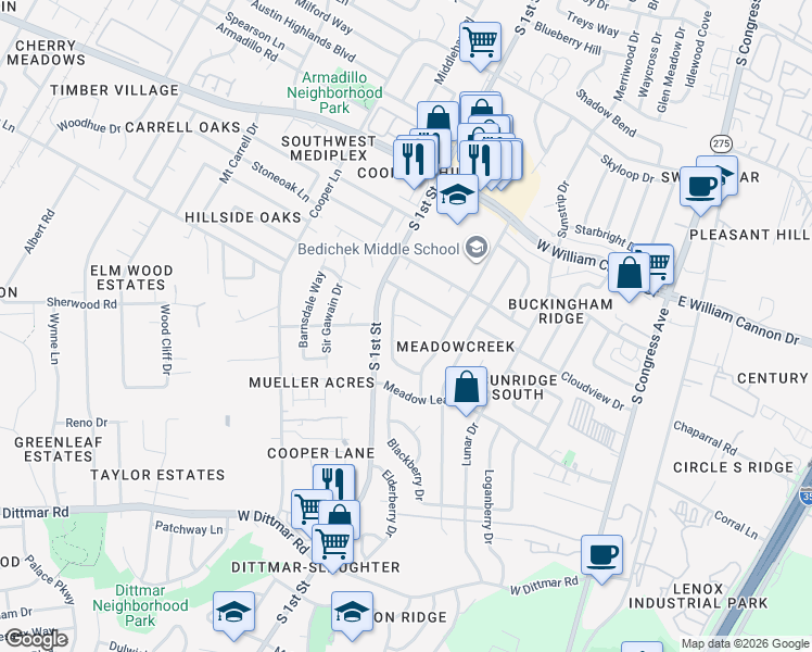 map of restaurants, bars, coffee shops, grocery stores, and more near 7103 Teaberry Drive in Austin