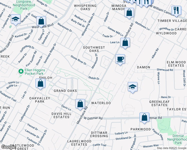 map of restaurants, bars, coffee shops, grocery stores, and more near 8111 Manassas Drive in Austin