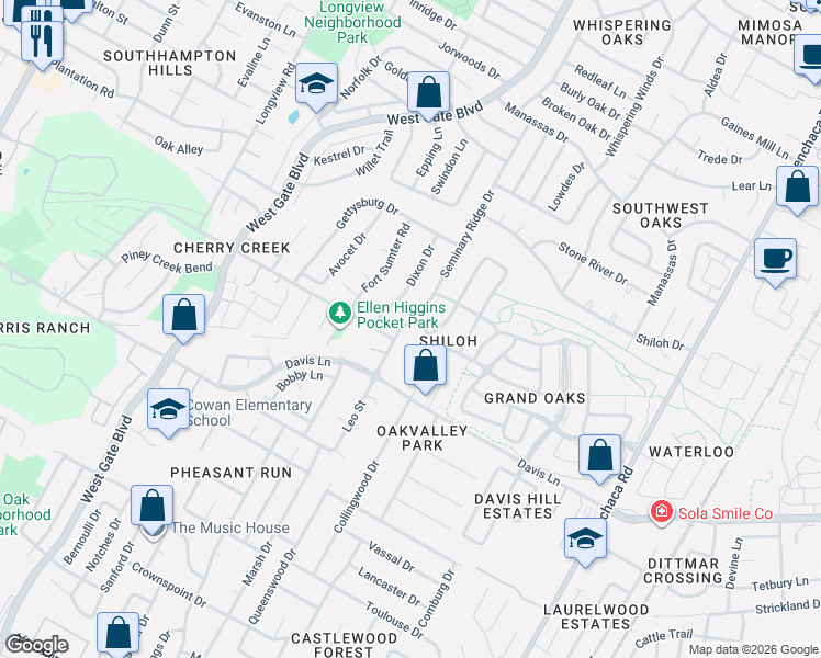 map of restaurants, bars, coffee shops, grocery stores, and more near 8419 Seminary Ridge Drive in Austin