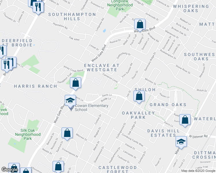 map of restaurants, bars, coffee shops, grocery stores, and more near 2807 Cameron Loop in Austin