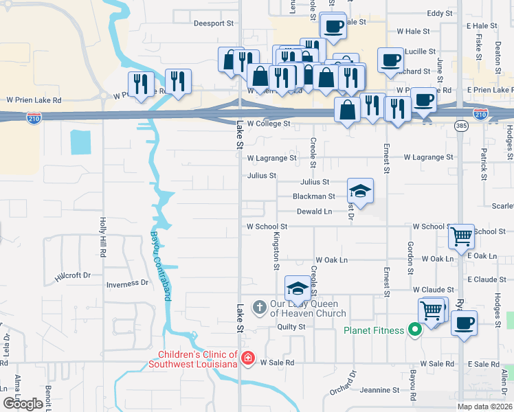 map of restaurants, bars, coffee shops, grocery stores, and more near 719 Blackman Street in Lake Charles