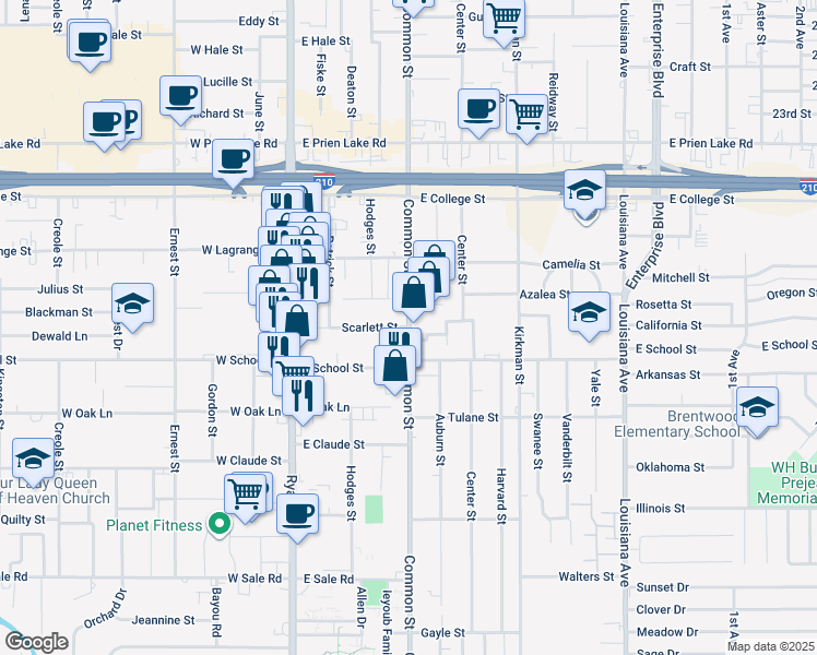 map of restaurants, bars, coffee shops, grocery stores, and more near 599 Scarlett St in Lake Charles