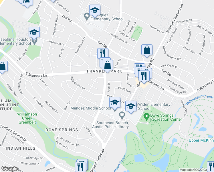 map of restaurants, bars, coffee shops, grocery stores, and more near 5508 Icon Street in Austin