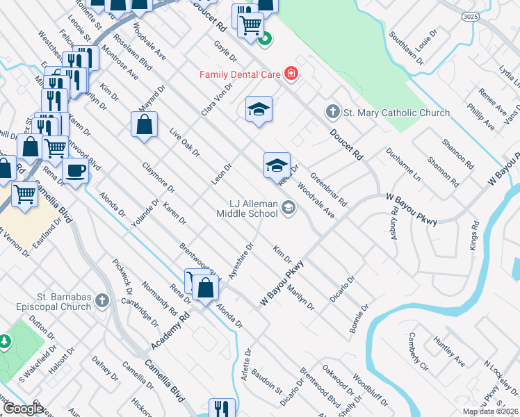 map of restaurants, bars, coffee shops, grocery stores, and more near 419 Live Oak Drive in Lafayette