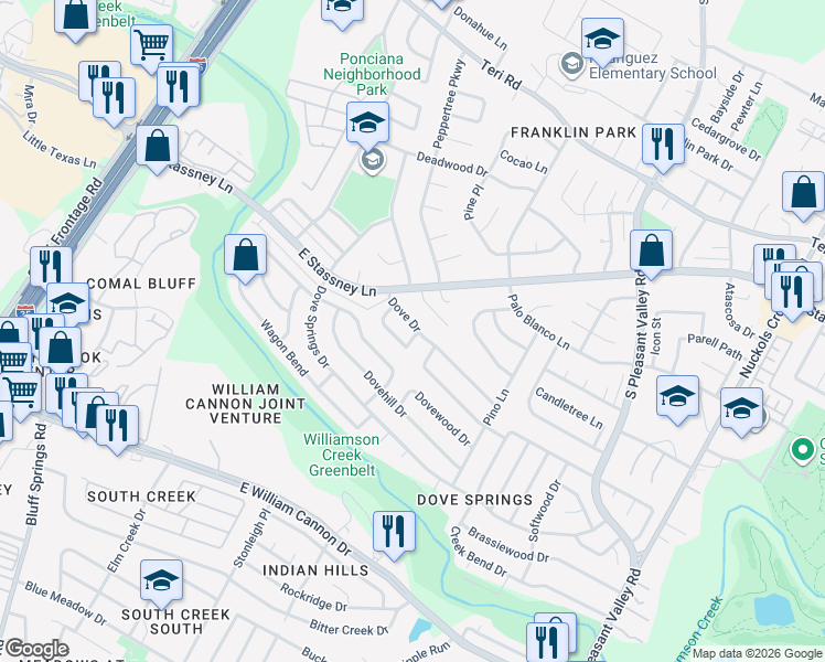 map of restaurants, bars, coffee shops, grocery stores, and more near 2407 Dove Drive in Austin