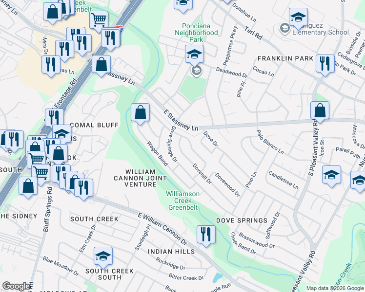 map of restaurants, bars, coffee shops, grocery stores, and more near 2206 Dovehill Drive in Austin
