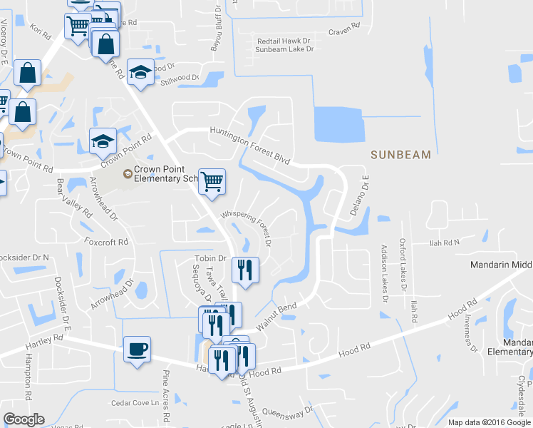 map of restaurants, bars, coffee shops, grocery stores, and more near 4116 Rollingwood Ct in Jacksonville