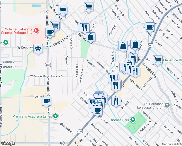 map of restaurants, bars, coffee shops, grocery stores, and more near 218 Spruce Drive in Lafayette