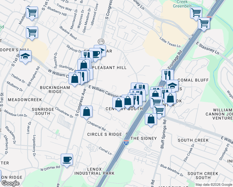 map of restaurants, bars, coffee shops, grocery stores, and more near 412 East William Cannon Drive in Austin