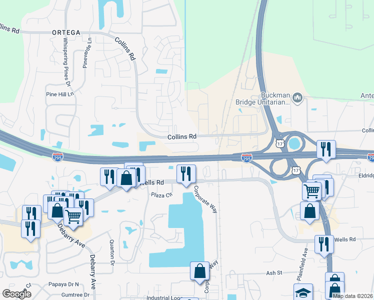 map of restaurants, bars, coffee shops, grocery stores, and more near 5021 Fulham Road South in Jacksonville
