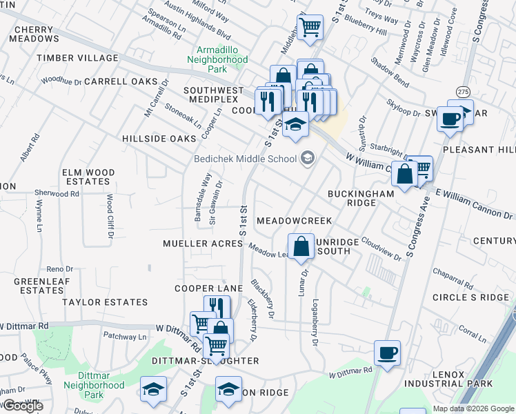 map of restaurants, bars, coffee shops, grocery stores, and more near 7103 Teaberry Dr in Austin