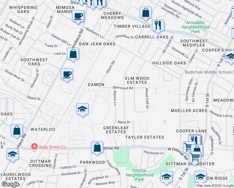 map of restaurants, bars, coffee shops, grocery stores, and more near 7505 Wynne Lane in Austin
