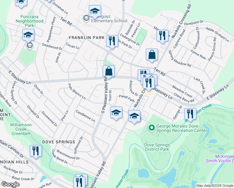map of restaurants, bars, coffee shops, grocery stores, and more near 4904 Parell Path in Austin