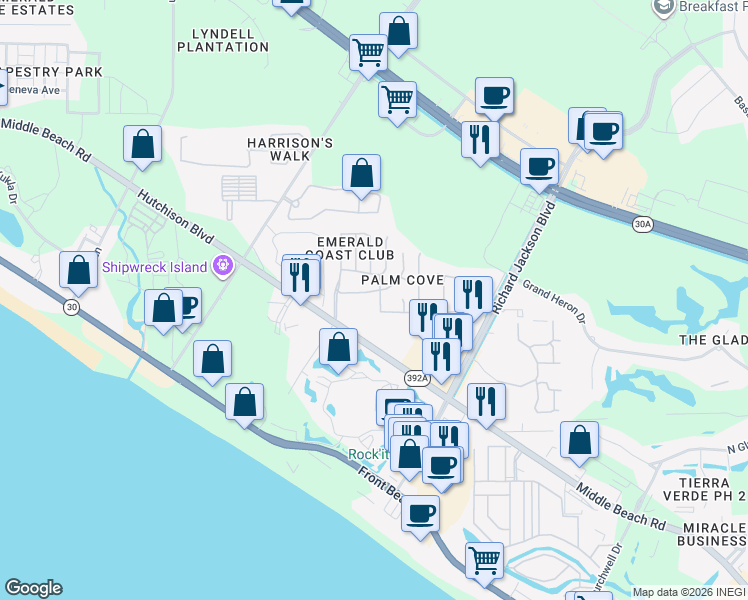 map of restaurants, bars, coffee shops, grocery stores, and more near 11739 Sand Castle Lane in Panama City Beach