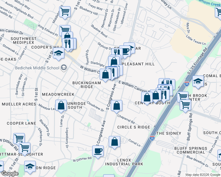 map of restaurants, bars, coffee shops, grocery stores, and more near 111 West William Cannon Drive in Austin