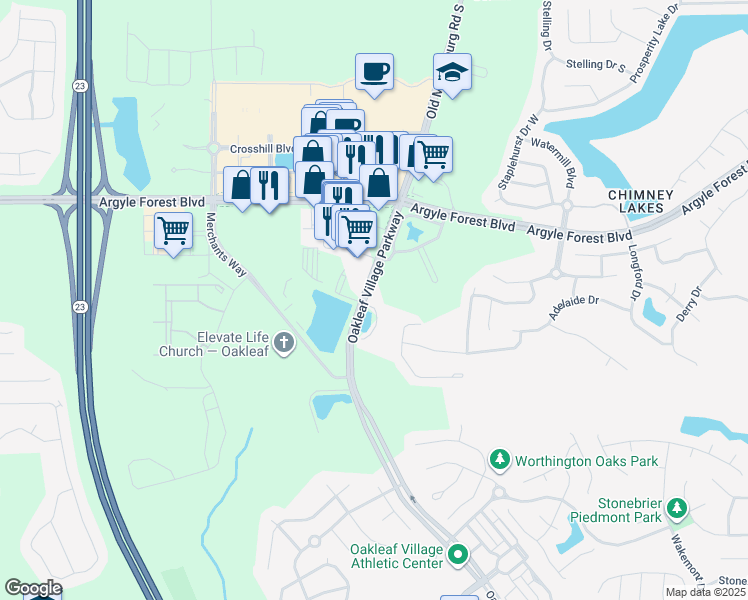 map of restaurants, bars, coffee shops, grocery stores, and more near 8607 Victoria Falls Drive in Jacksonville