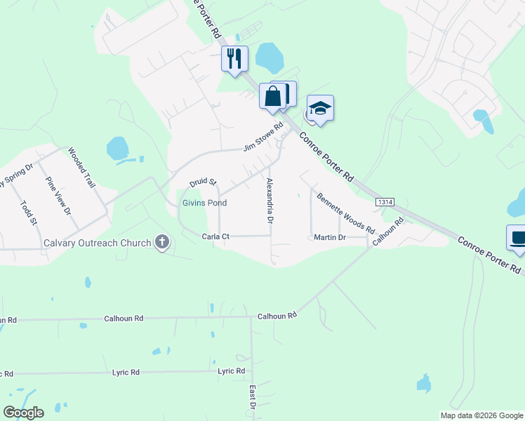 map of restaurants, bars, coffee shops, grocery stores, and more near 17906 Alexandria Drive in Conroe