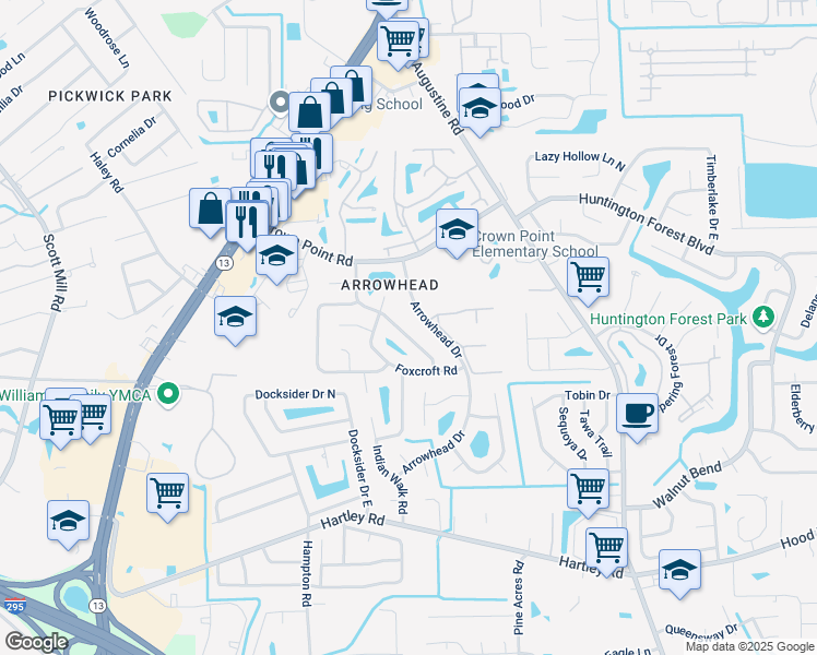 map of restaurants, bars, coffee shops, grocery stores, and more near 10241 Bear Valley Road in Jacksonville