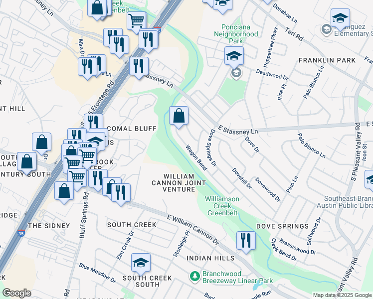 map of restaurants, bars, coffee shops, grocery stores, and more near 6106 Wagon Bend in Austin