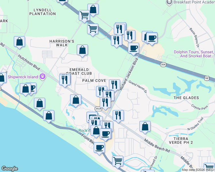 map of restaurants, bars, coffee shops, grocery stores, and more near 181 White Cap Way in Panama City Beach
