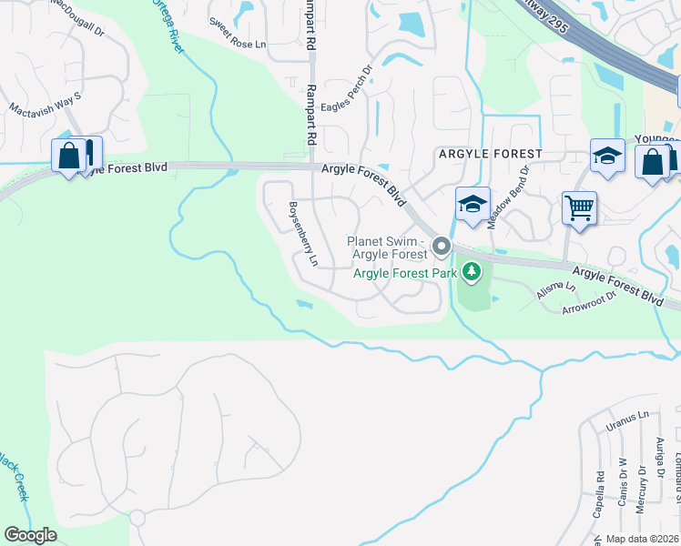 map of restaurants, bars, coffee shops, grocery stores, and more near 8627 Blackberry Lane East in Jacksonville