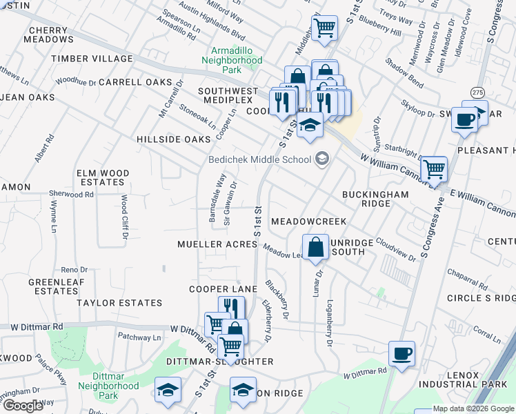 map of restaurants, bars, coffee shops, grocery stores, and more near S 1st St & Prince Valiant Dr in Austin