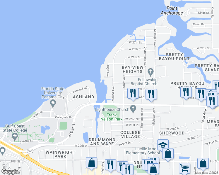 map of restaurants, bars, coffee shops, grocery stores, and more near 2319B Mound Avenue in Panama City