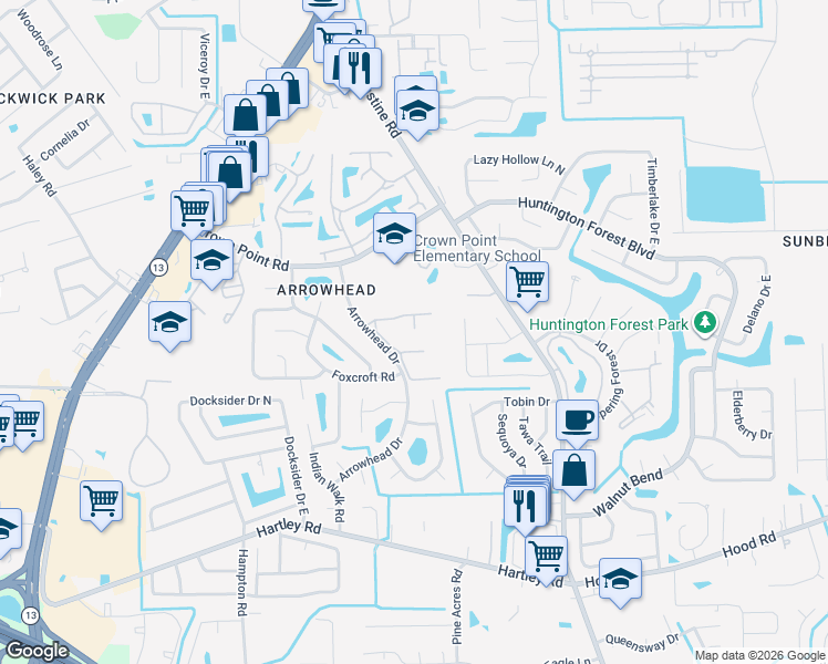 map of restaurants, bars, coffee shops, grocery stores, and more near 10101 Arrowhead Drive in Jacksonville