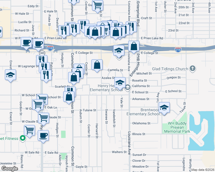 map of restaurants, bars, coffee shops, grocery stores, and more near 3608 Dover St in Lake Charles