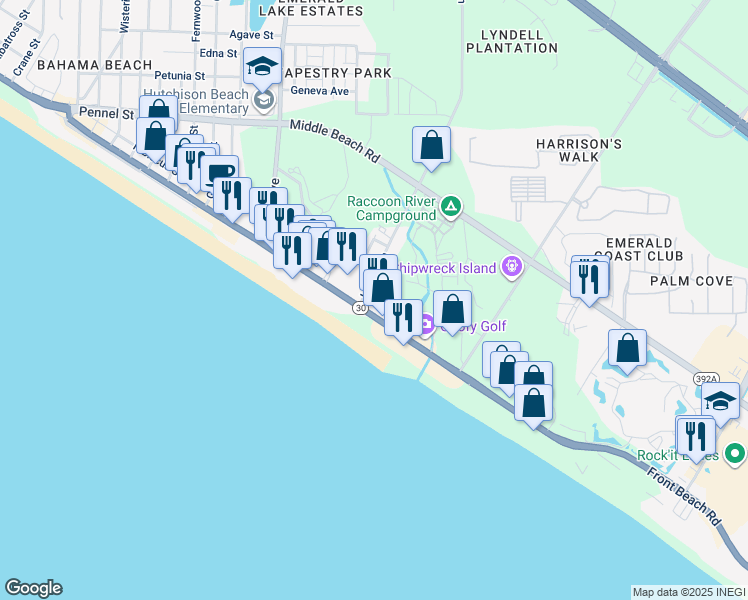 map of restaurants, bars, coffee shops, grocery stores, and more near 12386 Front Beach Road in Panama City Beach
