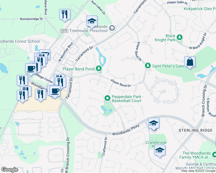 map of restaurants, bars, coffee shops, grocery stores, and more near 14 East Majestic Woods Place in Spring