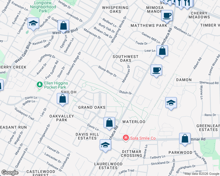 map of restaurants, bars, coffee shops, grocery stores, and more near 2201 Shiloh Drive in Austin