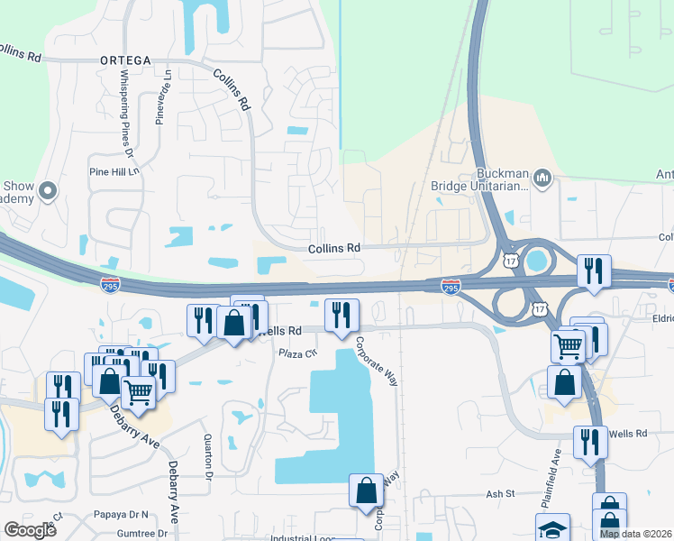 map of restaurants, bars, coffee shops, grocery stores, and more near 5021 Fulham Road South in Jacksonville