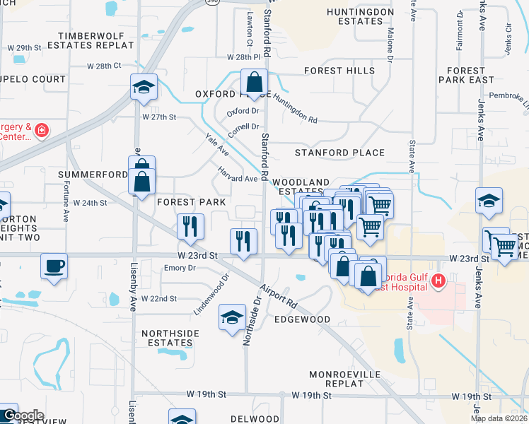 map of restaurants, bars, coffee shops, grocery stores, and more near 2372 Stanford Road in Panama City