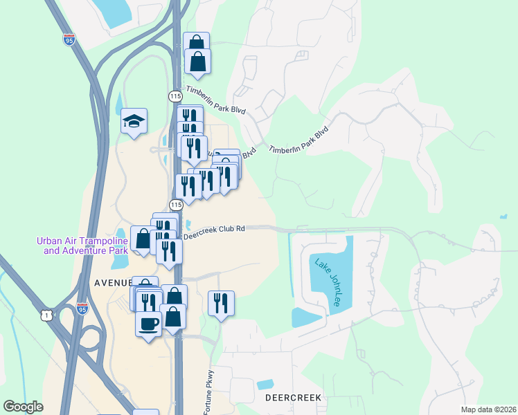 map of restaurants, bars, coffee shops, grocery stores, and more near 7736 Spindletree Court in Jacksonville