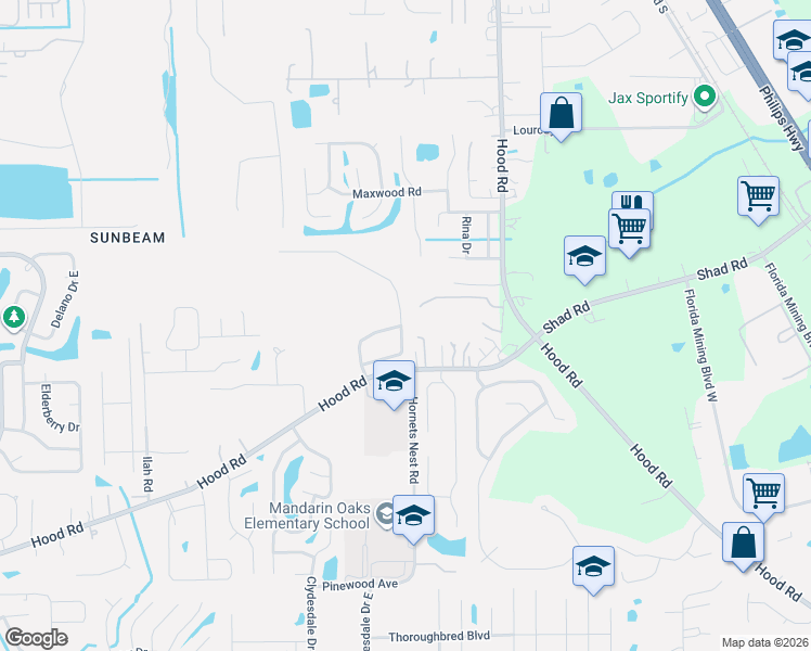 map of restaurants, bars, coffee shops, grocery stores, and more near 5117 Hood Road in Jacksonville