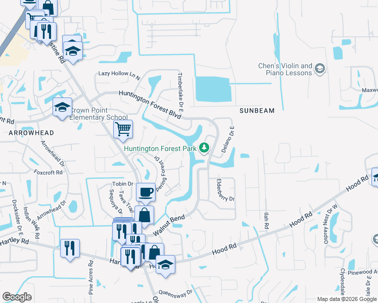 map of restaurants, bars, coffee shops, grocery stores, and more near 10064 Hidden Branch Drive North in Jacksonville