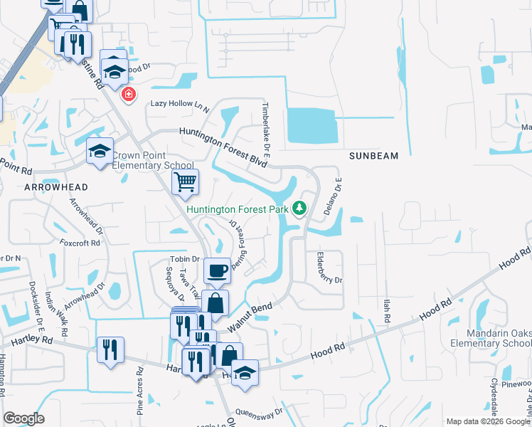map of restaurants, bars, coffee shops, grocery stores, and more near 10064 Hidden Branch Drive East in Jacksonville