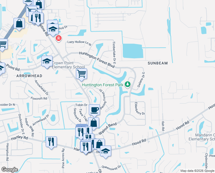 map of restaurants, bars, coffee shops, grocery stores, and more near 4116 Rollingwood Court in Jacksonville