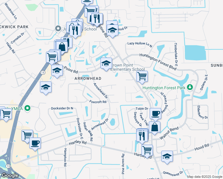 map of restaurants, bars, coffee shops, grocery stores, and more near 10101 Arrowhead Drive in Jacksonville