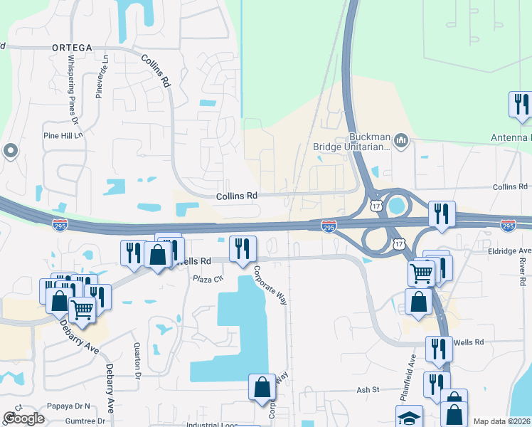 map of restaurants, bars, coffee shops, grocery stores, and more near 8627 Knightsbridge Circle North in Jacksonville